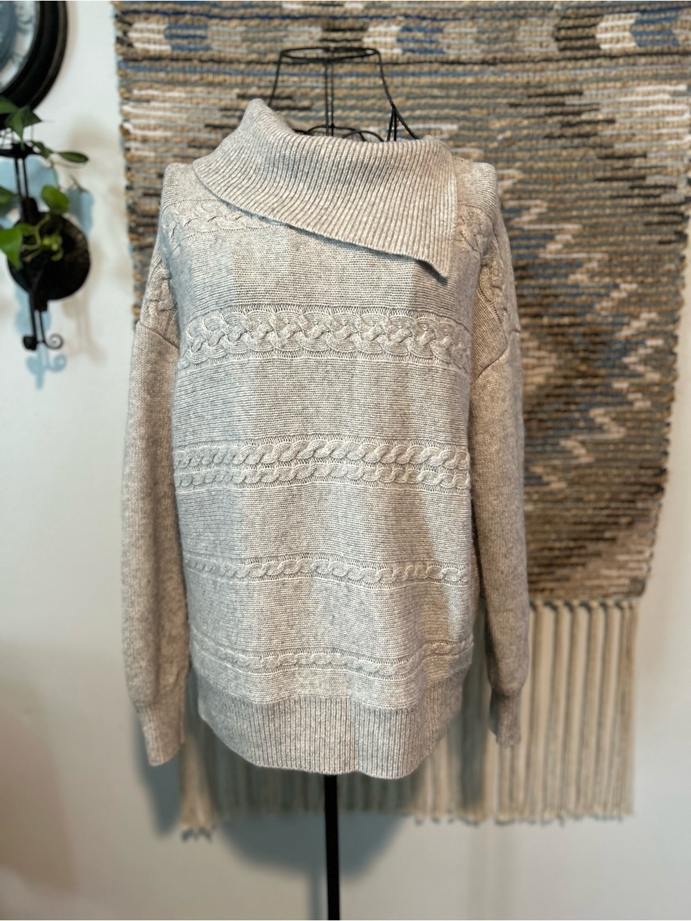 Rachel Zoe 100% Cashmere Cozy Cable Knit Asymmetrical Collar Sweater